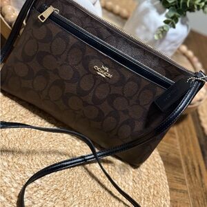 Coach Brown and Black Crossbody Bag with Signature Monogram